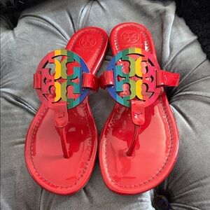 Tory Burch Red Sandals with Colorful Emblem rainbow
